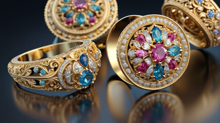 Obraz premium Royal Adornments: Opulent Rings and Dazzling Earrings in Gilded Cases, Generative AI