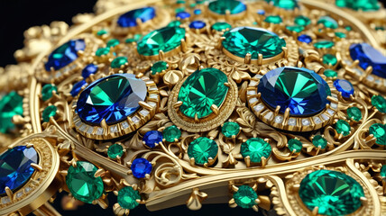 Obraz premium Royal Gems: Gleaming Sapphires and Emeralds Set in Golden Settings, Generative AI