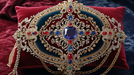 King's Regalia: Magnificent Brooches and Ornamental Chains on Velvet Cushions, Generative AI