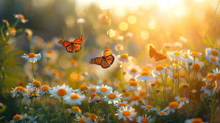 Beautiful field meadow flowers chamomile and violet wild bells and three flying butterflies in morning green grass in sunlight, natural landscape