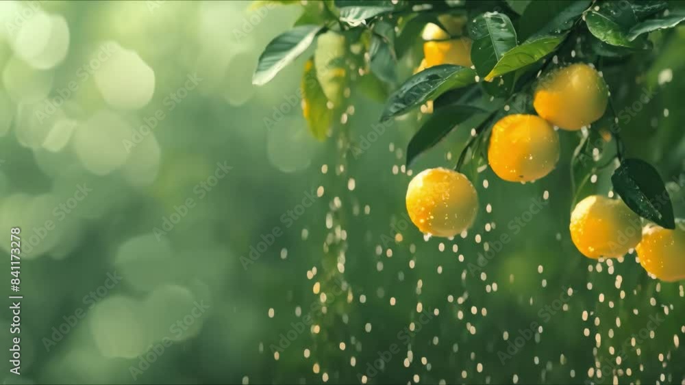 Poster tree drops oranges and leaves creating a wet and shiny scene. concept tree droplets, oranges, leaves