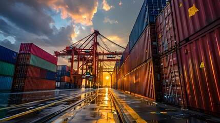 Colorful Container Shipping Port Panorama at Sunset