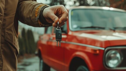 Individual holding car keys, about to unlock the vehicle, transportation concept