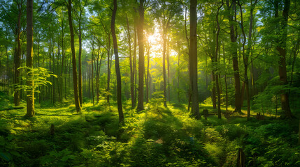 Obraz premium Beautiful forest panorama with bright sun shining through the trees