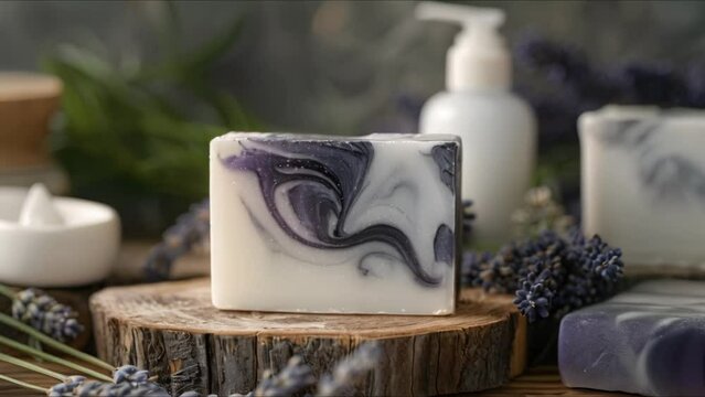Soap bars on wood with lavender lotion and more soap. Concept Bath & Body Photography, Soap Bars, Lavender Lotion, Wooden Background, Bathroom Essentials