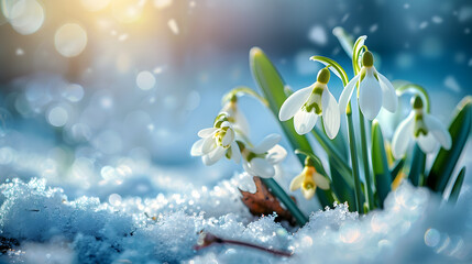 Beautiful gentle spring background with snowdrop flowers on the snow in nature