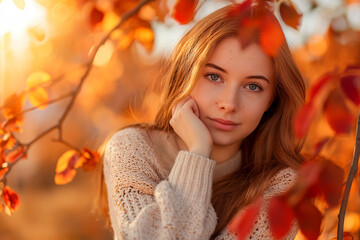 Fototapeta premium Portrait of a young woman with fall colors and themed background for autumn season female fashion in sunset