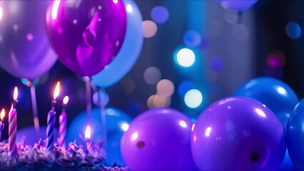 Celebratory Scene: Colorful Balloons and Birthday Cake with Candles. Concept Celebration, Colorful Balloons, Birthday Cake, Candles, Festive Decorations