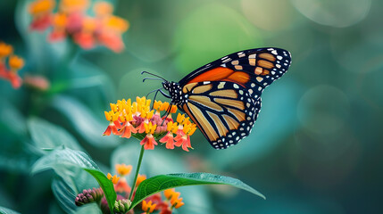 Fototapeta premium Beautiful image in nature of monarch butterfly on lantana flower