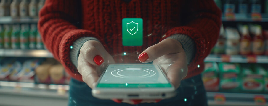 A woman holding a cell phone with a green shield on it. The shield is a symbol of protection - Powered by Adobe