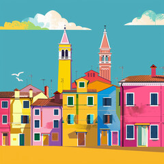 Obraz premium copy space, vector illustration, touristic publicity poster of Burano. World famous must-see tourist attraction. Touristic hotspot. Colorful island near Venice, Italy.