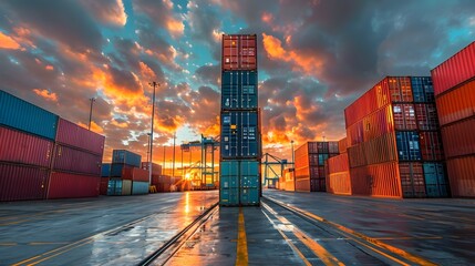 Dramatic Sunset Over Shipping Port with Stacked Cargo Containers