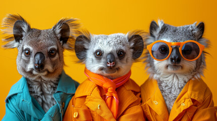 Three Koalas Dressed In Colorful Clothing Against A Yellow Background