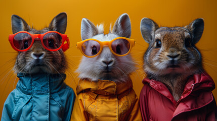 Three Bunnies Wearing Sunglasses and Jackets on Yellow Background