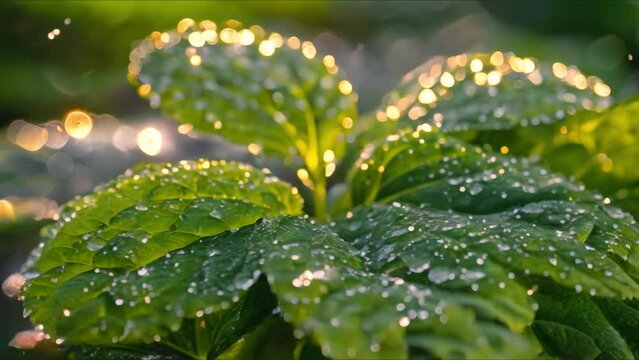 Morning Light Enhancing the Beauty of Dew Drops on Green Gotu Kola Leaf. Concept Nature Photography, Morning Light, Dew Drops, Green Gotu Kola Leaf