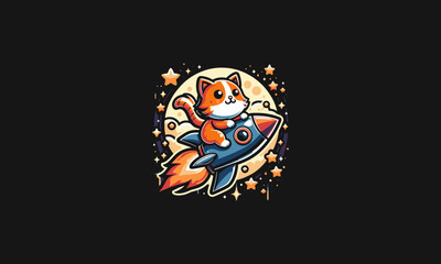 cat cute riding rocket vector logo design