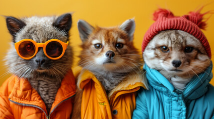 Three Animals Wearing Winter Clothing Against a Yellow Background