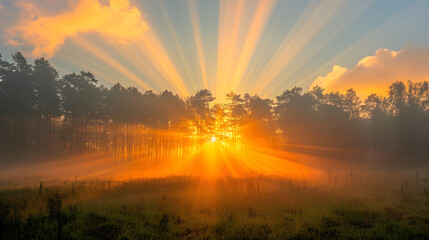 Obraz premium Beautiful morning natural summer landscape with sun rays through the crown of trees. Vibrant gold sunrise over a rural landscape