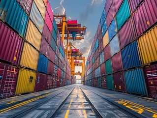 Fototapeta premium Colorful Shipping Containers Stacked High at Busy Seaport with Cranes