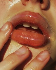 Obraz premium Glamorous closeup portrait of a woman's lips with excessive makeup for beauty and fashion photography concept