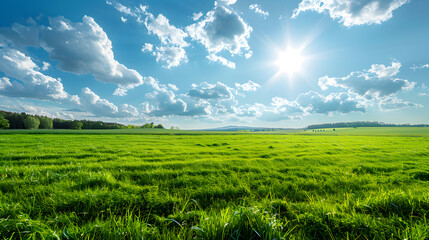 Beautiful natural scenic panorama green field of cut grass into and blue sky with clouds on horizon. Perfect green lawn on summer sunny day