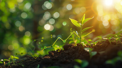 The green arrow was growing upward on the ground, with a tree being planted and having an upward line graph growing, and the sun light creating a bokeh background