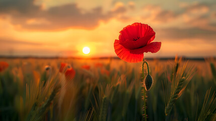 Beautiful nature background with red poppy flower poppy in the sunset in the field. Remembrance day, Veterans day, lest we forget concept