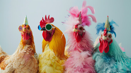 Four Chickens Wearing Party Hats and Sunglasses