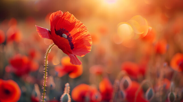 Beautiful nature background with red poppy flower poppy in the sunset in the field. Remembrance day, Veterans day, lest we forget concept