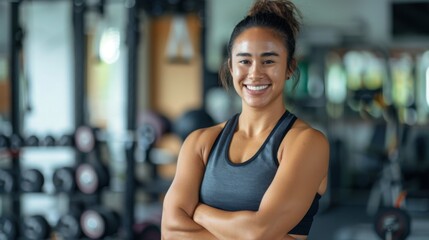 Fototapeta premium Confident Female Fitness Trainer Smiling in Gym Environment - Health and Wellness Promotion - Suitable for Fitness, Motivation, and Training Designs
