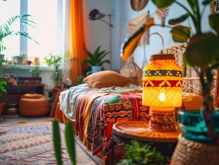 Bohemian Bedroom With A Colorful Night Lamp And Eclectic, Vibrant Furnishings, Natural Colors, Minimalist, Bright Background