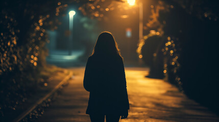 Silhouette of a young woman walking home alone at night, scared of stalker and being assault, insecurity concept