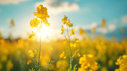 Obraz premium Beautiful panorama of a flowering rapeseed field Against the background of a blurred blue sky with clouds