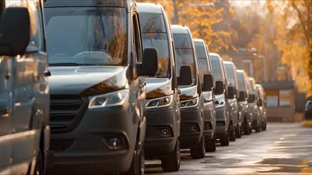 Row of black delivery vans parked in commercial fleet setting. Concept Fleet Vehicles, Delivery Vans, Commercial Setting, Black Vehicles, Transportation