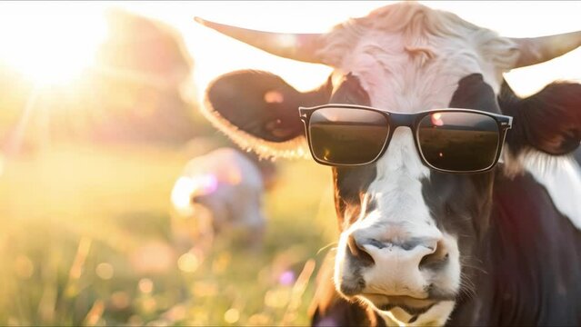 Fashionable black and white cow sporting sunglasses in sunny pasture attracts attention. Concept Fashionable cow, Black and white, Sunglasses, Sunny pasture, Attention-grabbing