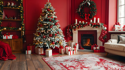 Beautiful red Christmas background with a decorated Christmas tree in the living room near the fireplace with lights and gifts