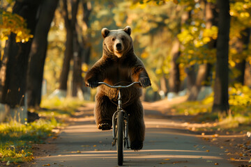 Bear riding a bicycle on a park