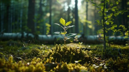 Obraz premium Tranquil forest scene with small plant growing in mossy surroundings