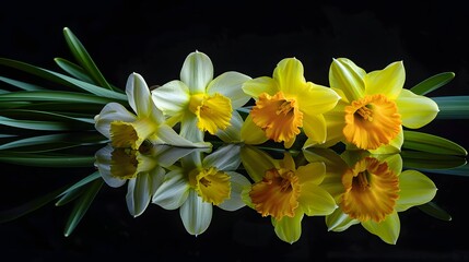 Obraz premium ellow narcissus and crown imperial flowers isolated on black