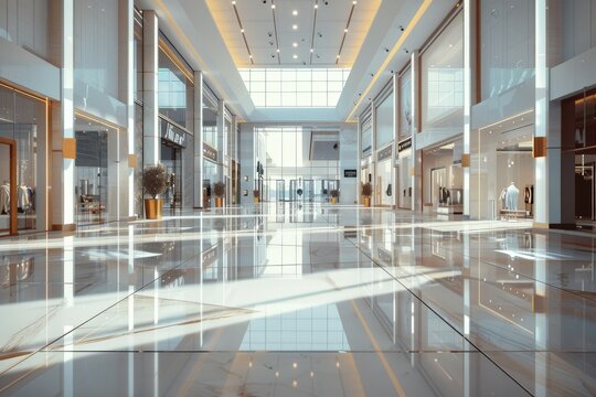 A large, empty shopping mall with a white ceiling and white walls with copy space - Powered by Adobe