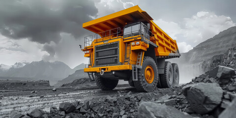 A massive yellow mining truck in a rugged quarry setting, with dramatic, cloudy skies capped mountains in the background, highlighting the scale and intensity of industrial mining operations..