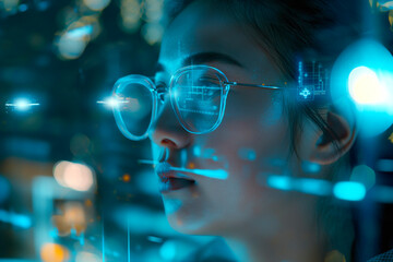 Software, coding hologram and woman on tablet thinking of data analytics, digital technology and night overlay. Programmer or IT person in glasses on 3d screen, programming and cybersecurity research