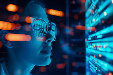 Software, coding hologram and woman on tablet thinking of data analytics, digital technology and night overlay. Programmer or IT person in glasses on 3d screen, programming and cybersecurity research