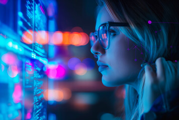 Software, coding hologram and woman on tablet thinking of data analytics, digital technology and night overlay. Programmer or IT person in glasses on 3d screen, programming and cybersecurity research