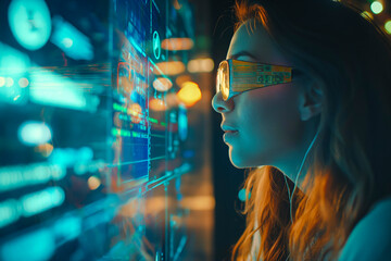 Software, coding hologram and woman on tablet thinking of data analytics, digital technology and night overlay. Programmer or IT person in glasses on 3d screen, programming and cybersecurity research
