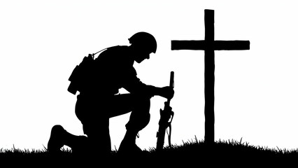 A silhouette of A soldier kneeling at A cross isolated on white background