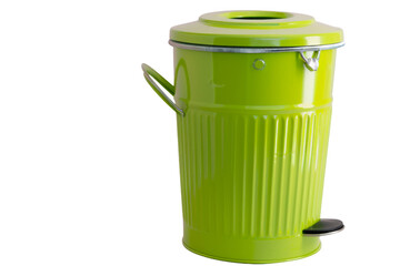 A green trash can with a lid on top