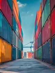 Fototapeta premium Colorful Container Stacks at Modern Shipping Port with Cranes and Cityscape in the Background
