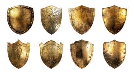 Collection of golden shield, defense protection shield isolated on a transparent background, cut out, PNG