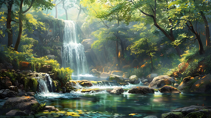 Beautiful stream painting in tropical forest - beautiful natural landscape in the forest